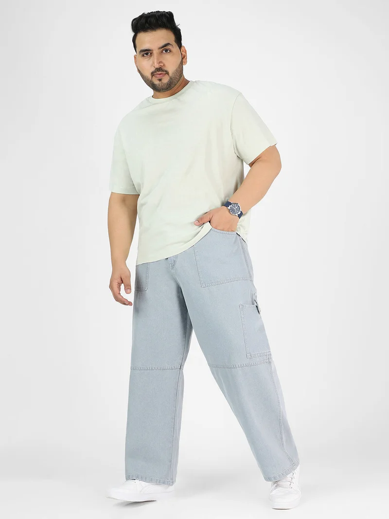 Urbano Fashion  Urbano Plus Men's Ice Grey Loose Baggy Fit Washed Cargo Jeans with 6 Pockets Non-Stretchable  | Best Price UAE