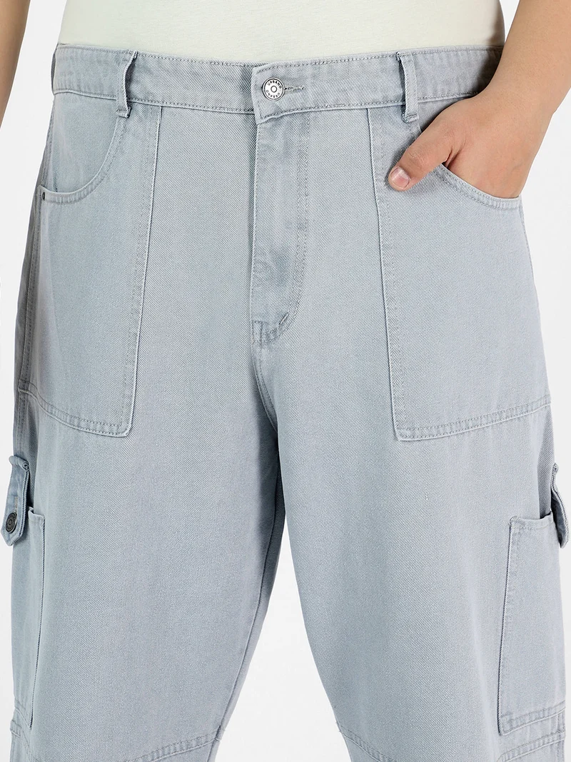Urbano Fashion  Urbano Plus Men's Ice Grey Loose Baggy Fit Washed Cargo Jeans with 6 Pockets Non-Stretchable  | Best Price UAE