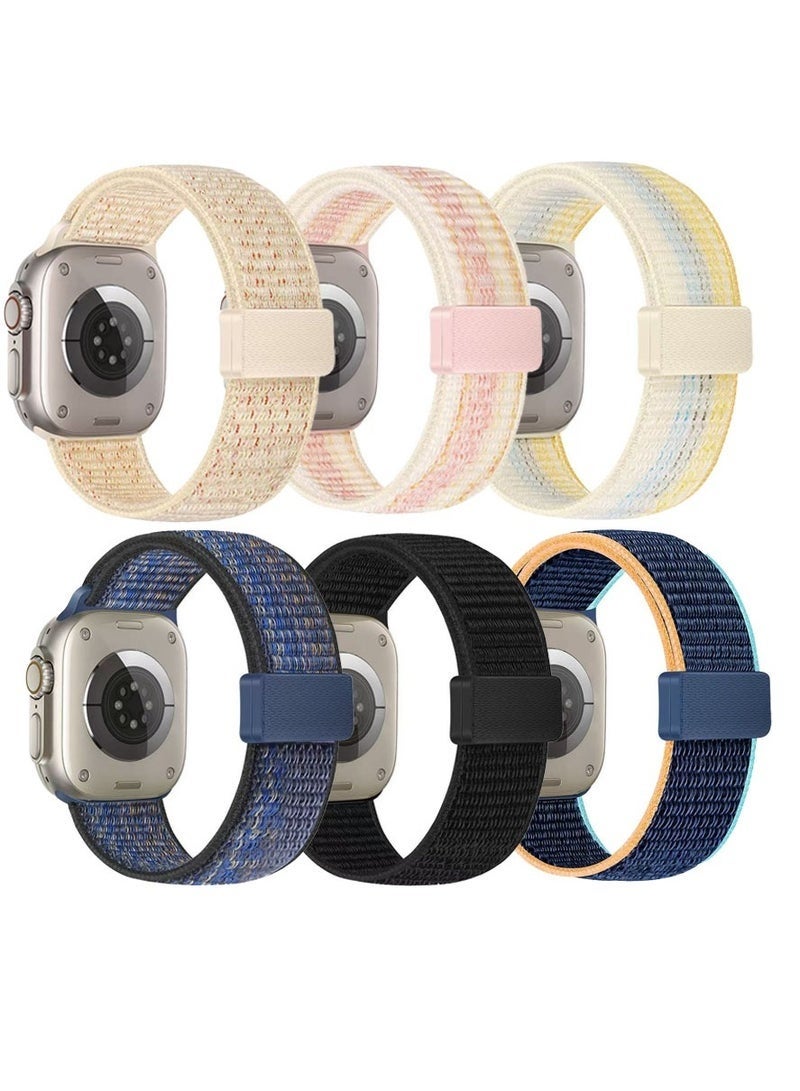 مجموعة من 6 أساور بديلة مغناطيسية من النايلون لساعات Apple iWatch Series 11 و10 مقاس 46 مم، متوافقة مع أساور iWatch مقاس 42 مم/44 مم/45 مم/46 مم/49 مم، مناسبة لساعات iWatch Series 1 و2 و3 و4 و5 و6 و7 و8 و9 و10 Ultra 3/2 وSE 3/2 بألوان Spring Cherry/Starlight Pink/Rainbow Starlight/Royal Blue Orange/Black/Navy Blue