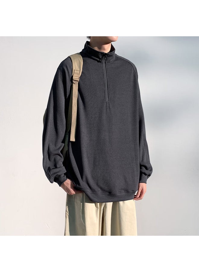 Homlean American-style High-end Hoodie For Men, Autumn Loose-fit Trendy Pullover Stand-collar Half-zip Base Layer, Hm06 Gray L - Image 5