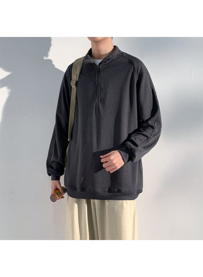 Homlean American-style High-end Hoodie For Men, Autumn Loose-fit Trendy Pullover Stand-collar Half-zip Base Layer, Hm06 Gray L - Image 1