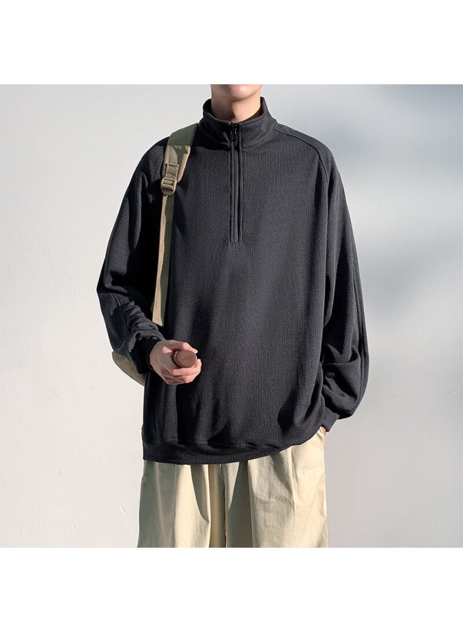 Homlean American-style High-end Hoodie For Men, Autumn Loose-fit Trendy Pullover Stand-collar Half-zip Base Layer, Hm06 Gray L - Image 2