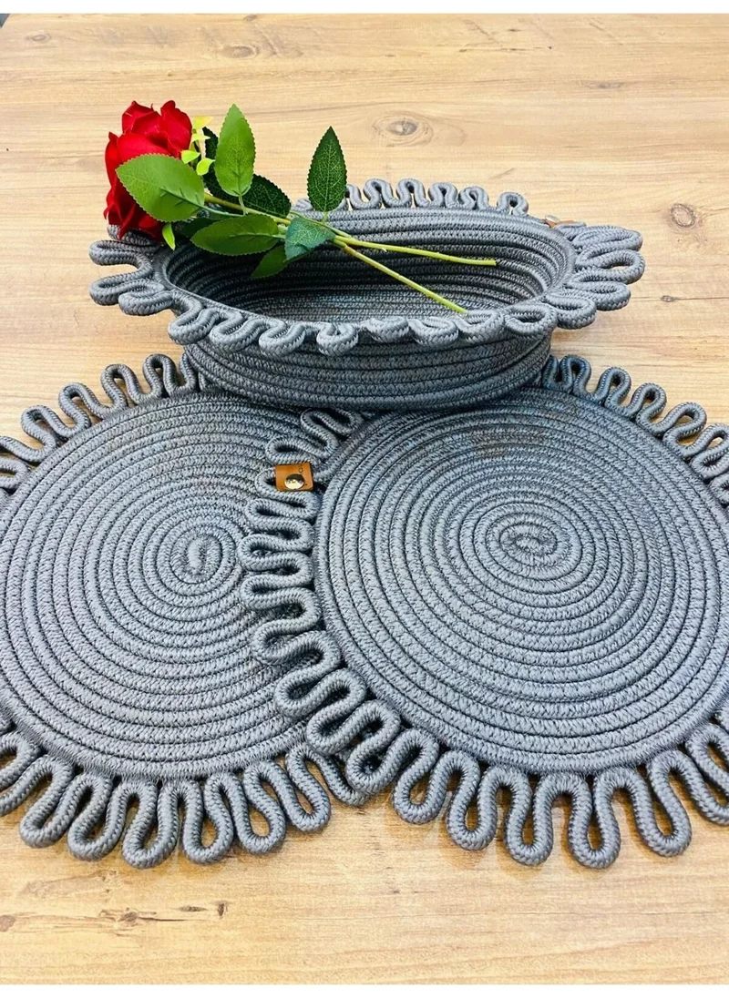 BDZ Deri BDZ Leather Jute Wicker American Service Plate and Basket 3 Pieces