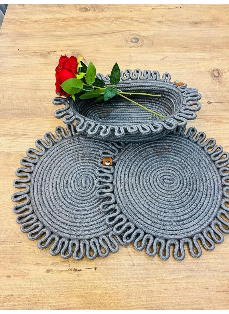 BDZ Deri BDZ Leather Jute Wicker American Service Plate and Basket 3 Pieces