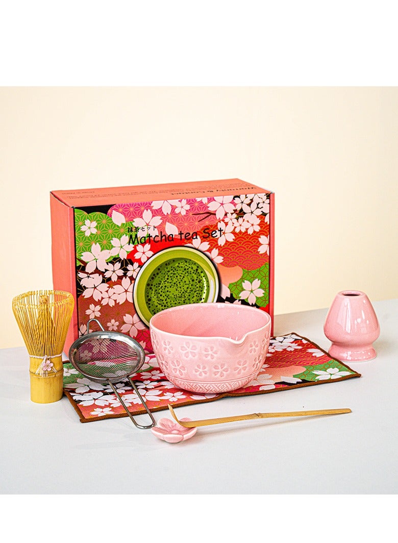 XiuWoo 7Pcs Matcha Pink Tea Whisk Set, Matcha Kit with Matcha Bowl (with Pouring Spout), Matcha Whisk, Whisk Holder, Strainer - Elegant Matcha Set for Gifting and Personal Use, Gift Box Packaging - Image 1