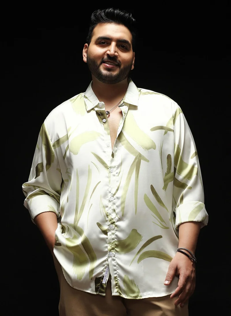 Instafab Plus Instafab Plus Men's Olive Green Contrast-Strokes Imprint Shirt | Spread Collar , Long Cuffed Sleeves , Button Closure , Curved Hemline | Abstract-Print Plain Polyester For Street & Casual Wear