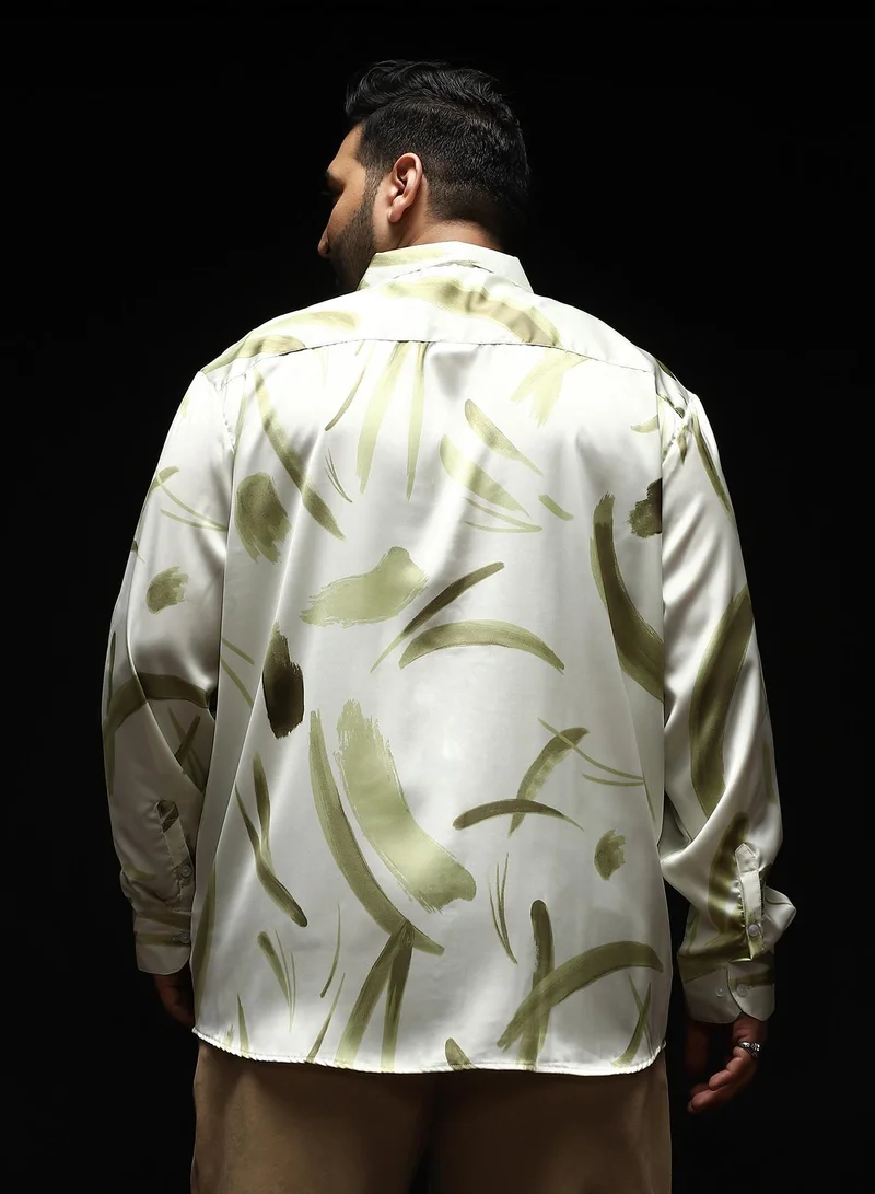 Instafab Plus Instafab Plus Men's Olive Green Contrast-Strokes Imprint Shirt | Spread Collar , Long Cuffed Sleeves , Button Closure , Curved Hemline | Abstract-Print Plain Polyester For Street & Casual Wear
