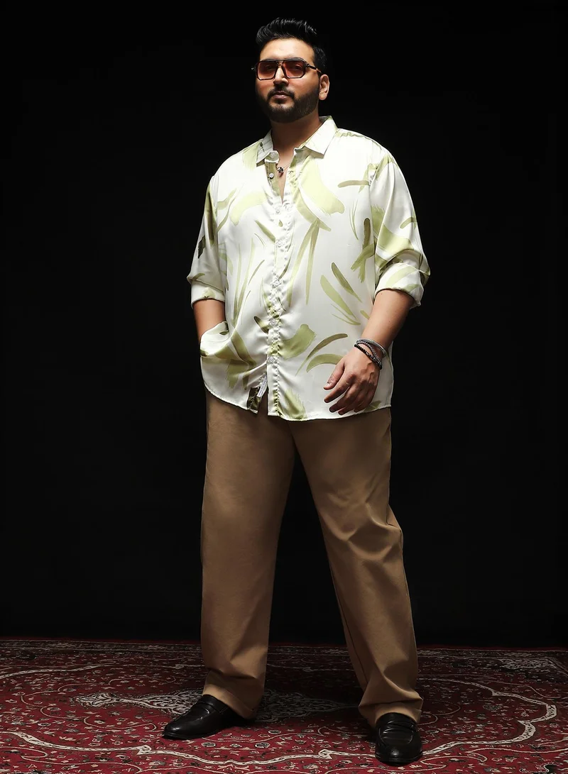 Instafab Plus Instafab Plus Men's Olive Green Contrast-Strokes Imprint Shirt | Spread Collar , Long Cuffed Sleeves , Button Closure , Curved Hemline | Abstract-Print Plain Polyester For Street & Casual Wear