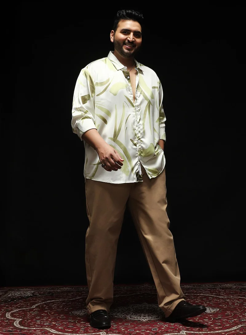 Instafab Plus Instafab Plus Men's Olive Green Contrast-Strokes Imprint Shirt | Spread Collar , Long Cuffed Sleeves , Button Closure , Curved Hemline | Abstract-Print Plain Polyester For Street & Casual Wear
