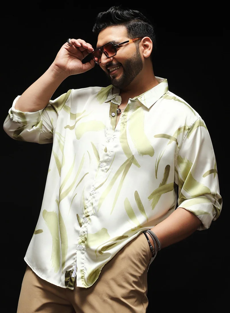 Instafab Plus Instafab Plus Men's Olive Green Contrast-Strokes Imprint Shirt | Spread Collar , Long Cuffed Sleeves , Button Closure , Curved Hemline | Abstract-Print Plain Polyester For Street & Casual Wear