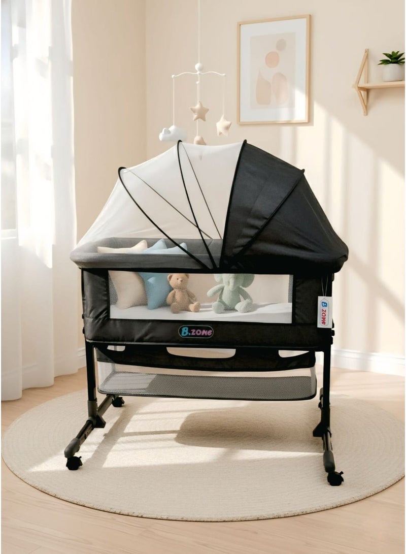 NZONE STORE Baby Zone Newborn Baby Crib with Height Adjustable Headrest, Opening Sides, Detachable Mosquito Net, Bottom Shelf, and Soft Mattress with 360° Swivel Wheels - Gray - Image 2