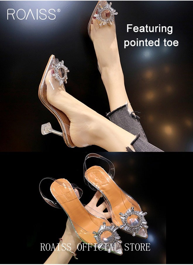 roaiss Women Rhinestone Detail Sculptural Clear Heeled Slingback Pumps Fashion Crystal High Heels Slip On Slingback Pointed Closed Toe Transparent PVC Dress Wedding Sandals Summer Shoes  - Image 5