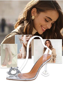 roaiss المرأة حجر الراين التفاصيل النحت كعب واضح Slingback مضخات الأزياء كريستال الكعب العالي الانزلاق على Slingback وأشار مغلق اصبع القدم شفافة PVC اللباس الزفاف الصنادل أحذية الصيف  - Image 2