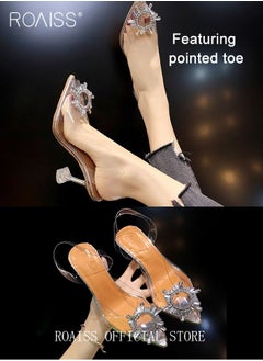 roaiss المرأة حجر الراين التفاصيل النحت كعب واضح Slingback مضخات الأزياء كريستال الكعب العالي الانزلاق على Slingback وأشار مغلق اصبع القدم شفافة PVC اللباس الزفاف الصنادل أحذية الصيف  - Image 5