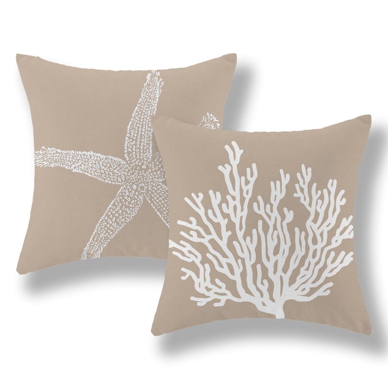 GOLIANDA Coastal Pillow Covers 18x18 Inch Set of 2 Brown Tan Coral Starfish Throw Pillows Summer Nautical Beach Ocean Decorations Linen Pillowcase Outdoor Decor Farmhouse Cushion Case for Home Bedroom - Image 1
