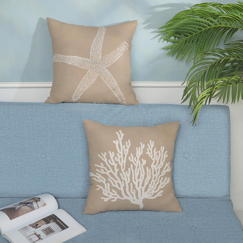 GOLIANDA Coastal Pillow Covers 18x18 Inch Set of 2 Brown Tan Coral Starfish Throw Pillows Summer Nautical Beach Ocean Decorations Linen Pillowcase Outdoor Decor Farmhouse Cushion Case for Home Bedroom - Image 3