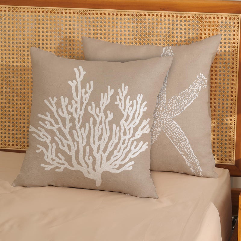 GOLIANDA Coastal Pillow Covers 18x18 Inch Set of 2 Brown Tan Coral Starfish Throw Pillows Summer Nautical Beach Ocean Decorations Linen Pillowcase Outdoor Decor Farmhouse Cushion Case for Home Bedroom - Image 2