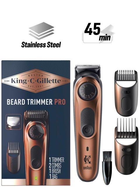King C.Gillette Beard Trimmer PRO with 40 beard length settings in precise 0.5mm steps, cordless design & 1 trimmer, 1 brush, 2 combs, 1 charger and 1 zip pouch