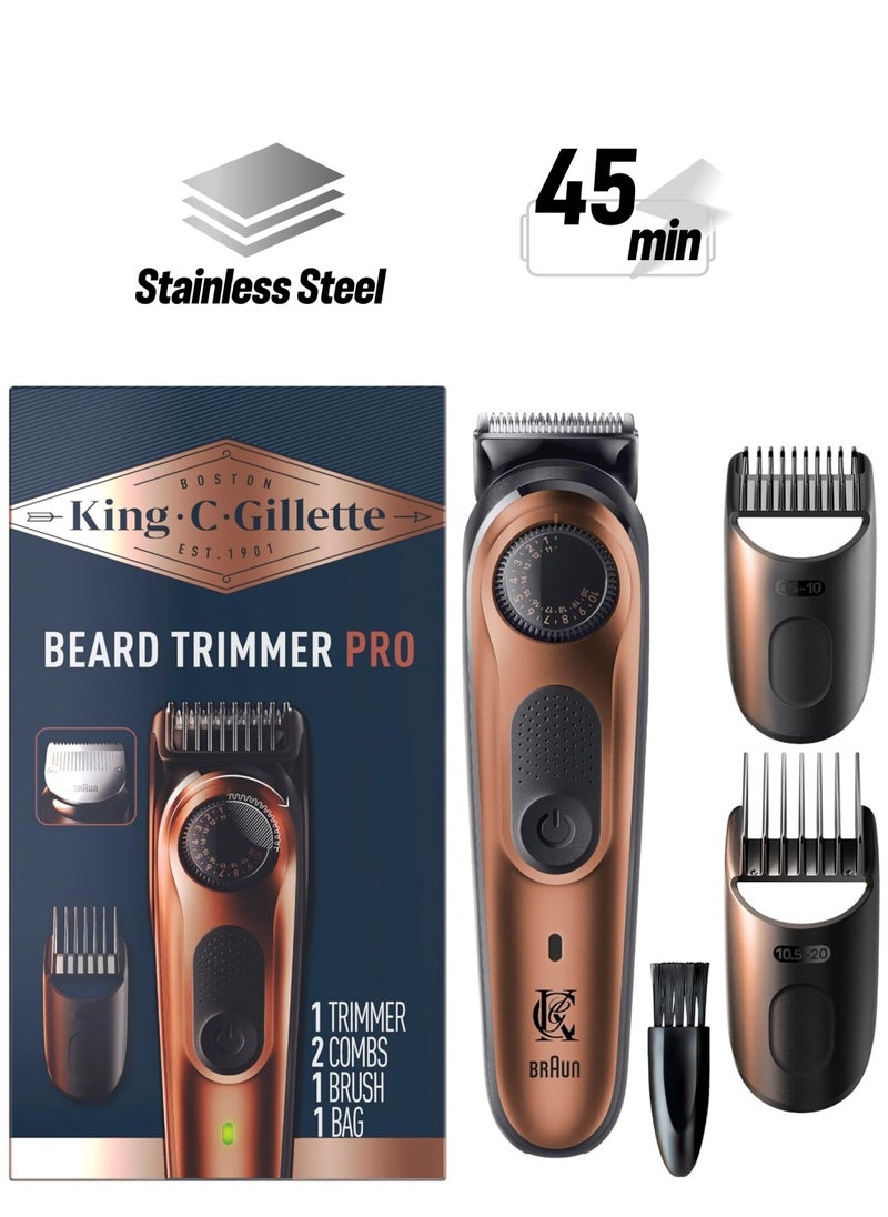 King C. Gillette King C.Gillette Beard Trimmer PRO with 40 beard length settings in precise 0.5mm steps, cordless design & 1 trimmer, 1 brush, 2 combs, 1 charger and 1 zip pouch  - Image 1