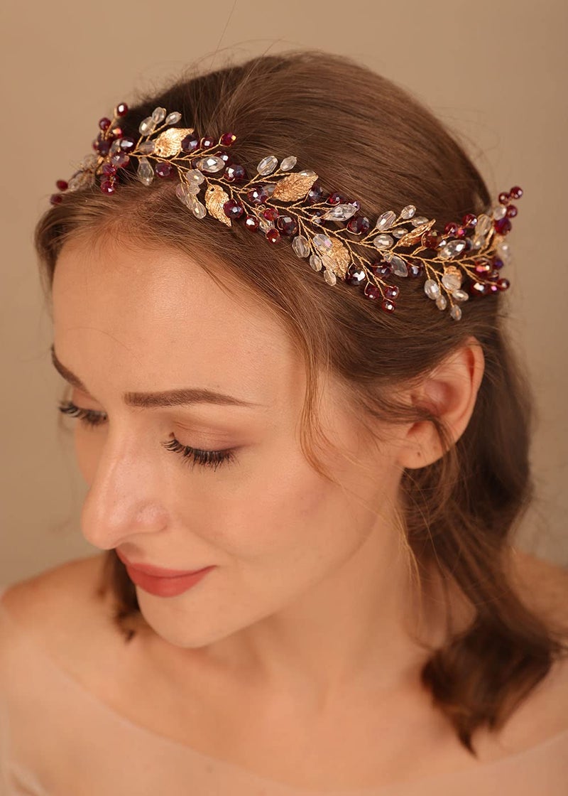 Denifery Red Hair Vine Crystal Wedding Headband  Fall Boho Bridal Hair Piece with Gold Leaf for Women and Girls