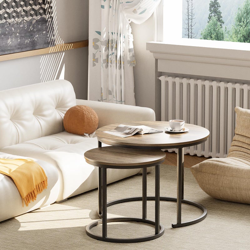 aboxoo Coffee Table Nesting Side Round Table Set of 2 End Table with Sturdy Metal Frame for Living Room Bedroom Apartment Modern Industrial Simple Nightstand,Oak - Image 3
