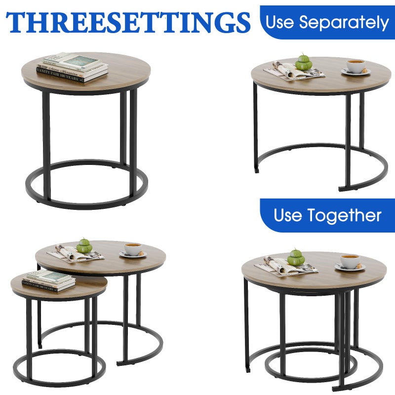 aboxoo Coffee Table Nesting Side Round Table Set of 2 End Table with Sturdy Metal Frame for Living Room Bedroom Apartment Modern Industrial Simple Nightstand,Oak - Image 4