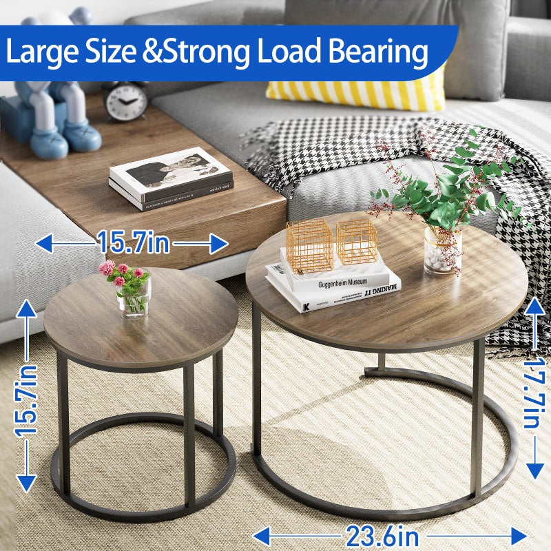 aboxoo Coffee Table Nesting Side Round Table Set of 2 End Table with Sturdy Metal Frame for Living Room Bedroom Apartment Modern Industrial Simple Nightstand,Oak - Image 2