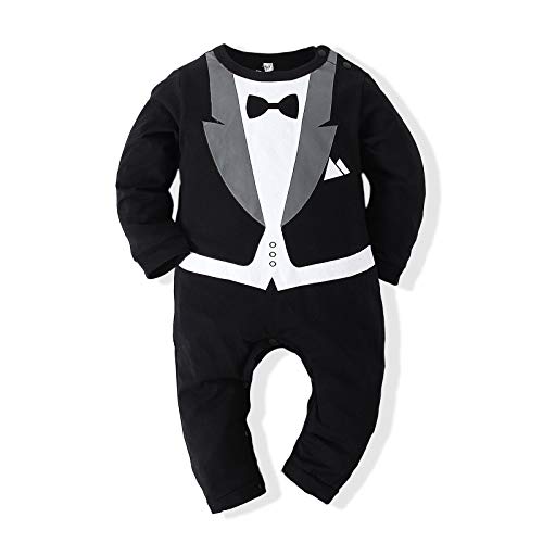 Kimocat Baby Boy Romper Tuxedo Jumpsuit Gentleman One-Piece Button-Down Bowtie Wedding Suit Bodysuit (Black&Black Bowtie, 6-12 months/80) - Image 1