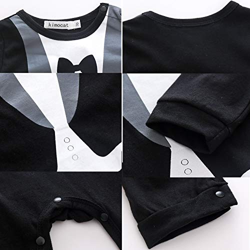 Kimocat Baby Boy Romper Tuxedo Jumpsuit Gentleman One-Piece Button-Down Bowtie Wedding Suit Bodysuit (Black&Black Bowtie, 6-12 months/80) - Image 4