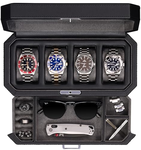ROTHWELL 4 Slot Leather Watch Box with Valet Drawer - Luxury Case Display Jewelry Organizer, Locking Display Case Holder with Real Glass Top - Watch Box Organizer for Men & Women (Grey) - Image 3