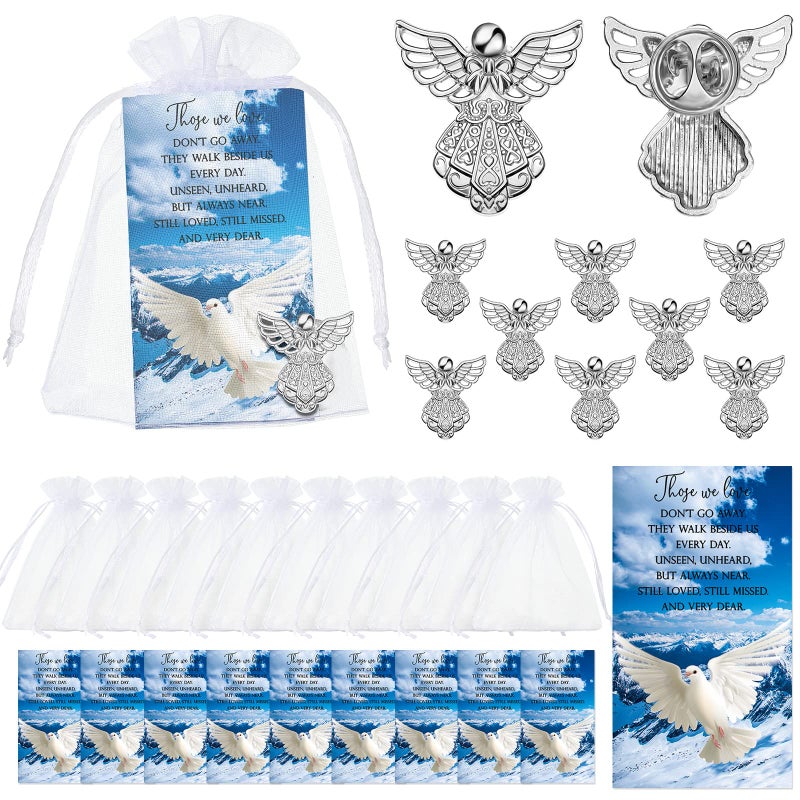 Geosar 25 Set Memorial Angel Sign Pins Funeral Pocket Token Guardian Pocket Angel Pins Lucky Peace Dove Sign Poem Cards with Organza Bags Charms Presents Religious(English) - Image 1
