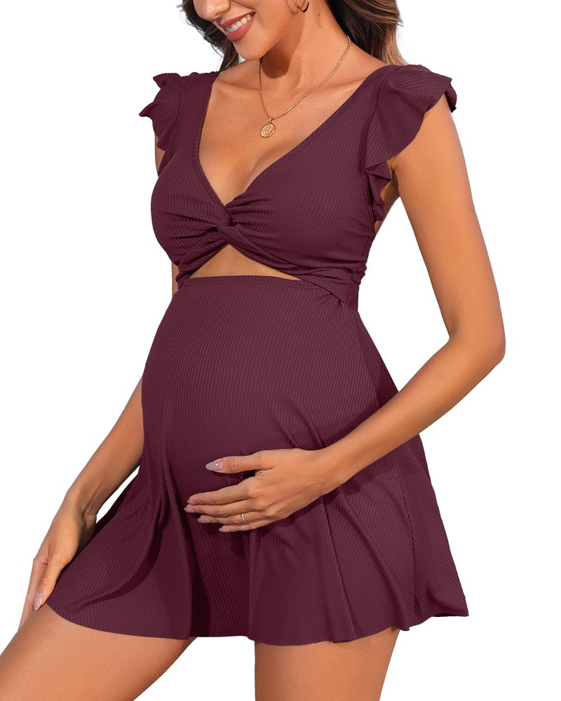 Charmo Ribbed Maternity Bathing Suit V Neck Push up One Piece Pregnancy Swimsuit Ruffle Swimdress for Women Swimwear Dark Red M - Image 1