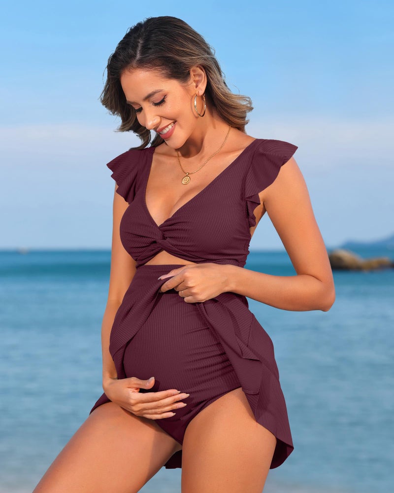 Charmo Ribbed Maternity Bathing Suit V Neck Push up One Piece Pregnancy Swimsuit Ruffle Swimdress for Women Swimwear Dark Red M - Image 3