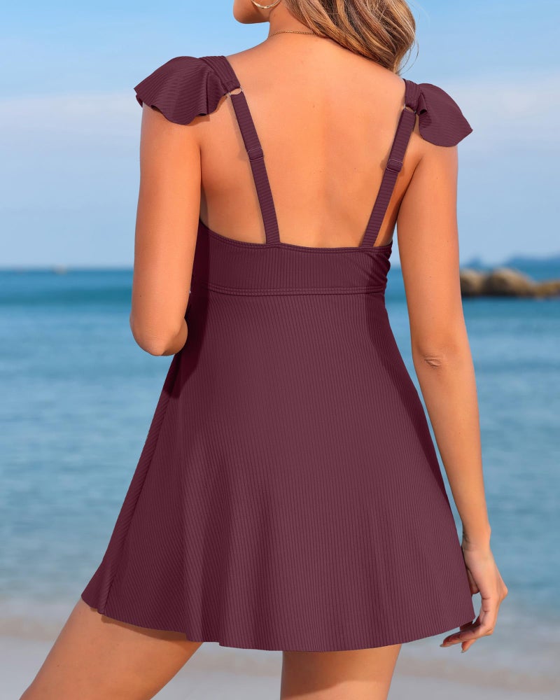Charmo Ribbed Maternity Bathing Suit V Neck Push up One Piece Pregnancy Swimsuit Ruffle Swimdress for Women Swimwear Dark Red M - Image 2