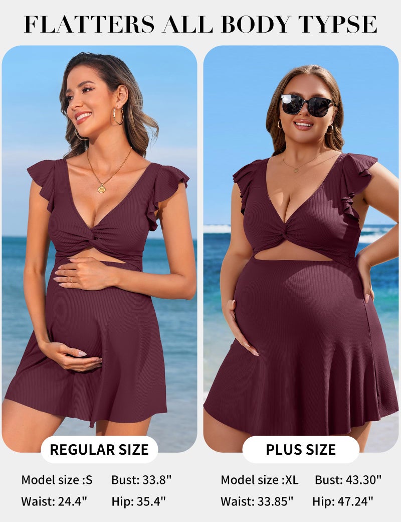 Charmo Ribbed Maternity Bathing Suit V Neck Push up One Piece Pregnancy Swimsuit Ruffle Swimdress for Women Swimwear Dark Red M - Image 5
