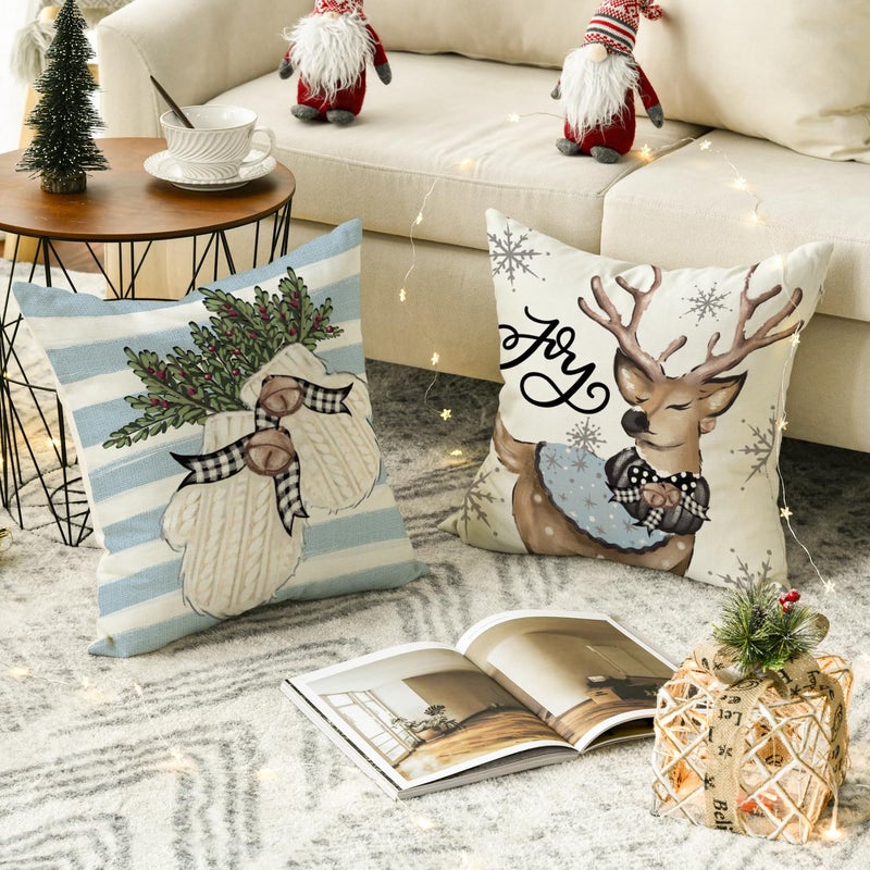 AVOIN colorlife AVOIN colorlife Christmas Snowman Reindeer Gloves Eucalyptus Blue Throw Pillow Covers  18 x 18 Inch Winter Holiday Stripes Cushion Case Decoration for Sofa Couch Set of 4  - Image 4