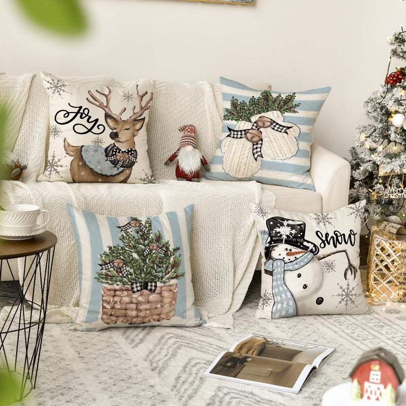 AVOIN colorlife AVOIN colorlife Christmas Snowman Reindeer Gloves Eucalyptus Blue Throw Pillow Covers  18 x 18 Inch Winter Holiday Stripes Cushion Case Decoration for Sofa Couch Set of 4  - Image 2
