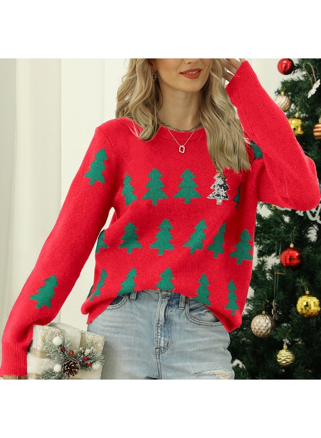 NIBEMINENT سويت شيرت نسائي بنمط شجرة سانتا لعيد الميلاد بأكمام كاملة، كاجوال فضفاض، حياكة جاكار، بلوزة نسائية، مظهر عيد الميلاد - Image 1