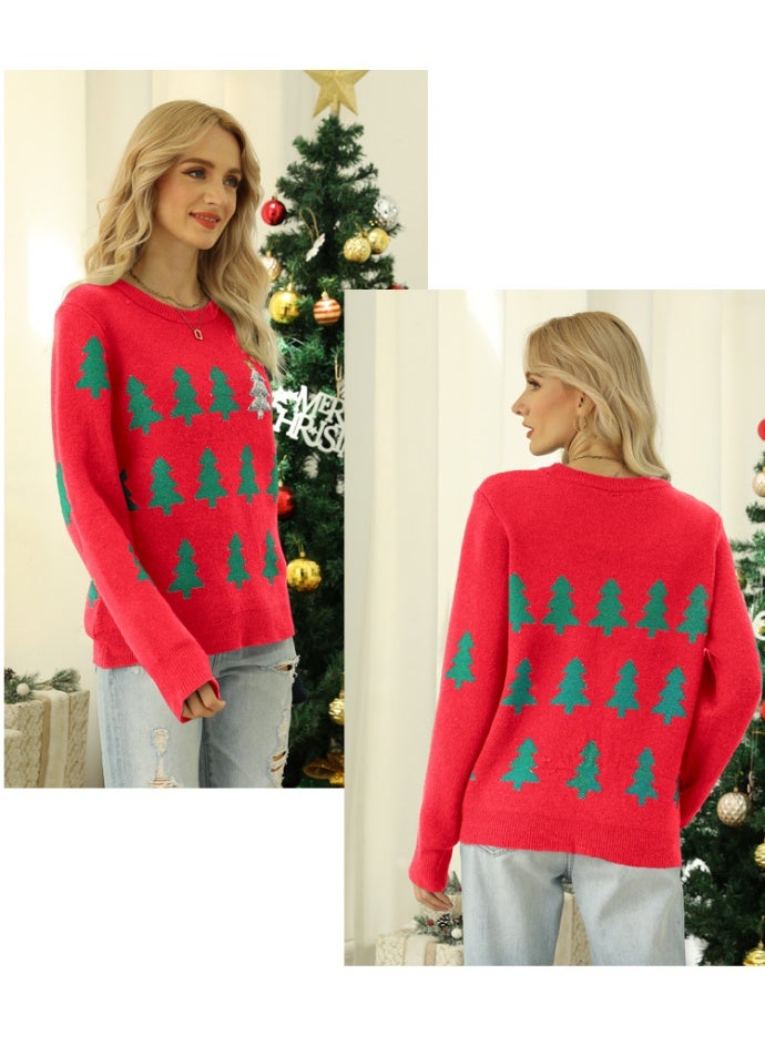 NIBEMINENT سويت شيرت نسائي بنمط شجرة سانتا لعيد الميلاد بأكمام كاملة، كاجوال فضفاض، حياكة جاكار، بلوزة نسائية، مظهر عيد الميلاد - Image 2