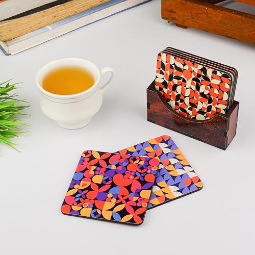 Zepdos Wooden Geometric Print Chai Coasters with Wooden Stand | Funny Chai Quotes Round Drink Coasters | Heat Resistant Tea & Coffee Coasters for Table, Office & Home Decor (Set of 6) - Image 2