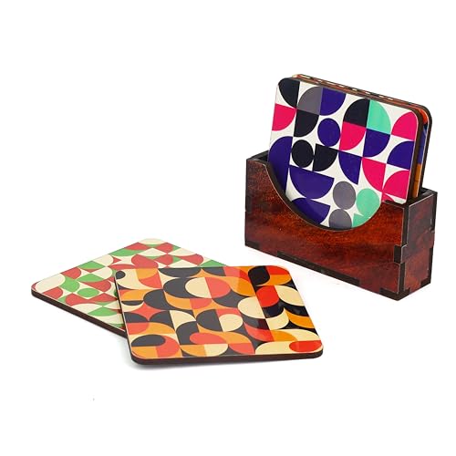 Zepdos Wooden Geometric Print Chai Coasters with Wooden Stand | Funny Chai Quotes Round Drink Coasters | Heat Resistant Tea & Coffee Coasters for Table, Office & Home Decor (Set of 6) - Image 1