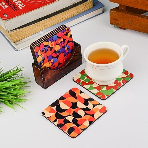 Zepdos Wooden Geometric Print Chai Coasters with Wooden Stand | Funny Chai Quotes Round Drink Coasters | Heat Resistant Tea & Coffee Coasters for Table, Office & Home Decor (Set of 6) - Image 3