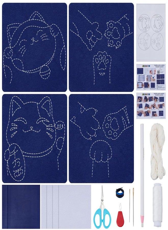 FREEBLOSS 4 Set Lucky Cat Sashiko Coasters Kit with Instructions Sashiko Kit for Beginners Water Soluble Embroidery Patterns Sashiko Practice Project Embroidery Coasters Kit for Housewarming Gift - Image 1