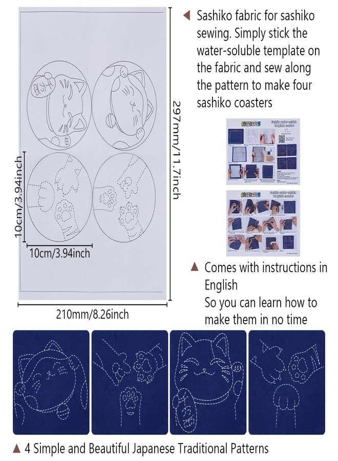FREEBLOSS 4 Set Lucky Cat Sashiko Coasters Kit with Instructions Sashiko Kit for Beginners Water Soluble Embroidery Patterns Sashiko Practice Project Embroidery Coasters Kit for Housewarming Gift - Image 3