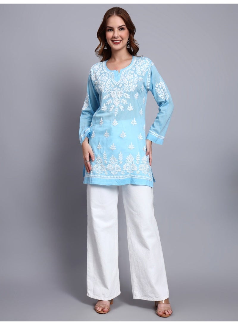 Alaya Women Hand Embroidered Chikankari Cotton Short Top -AL3724 - Image 3