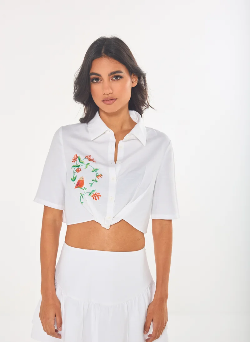 أشيتا فرنانديز Ashita Fernandes Bridget Linen White Top/Shirt for women – Collared Neck, Embroidered Crop with Faux Wrap Hem, Button-Down Front, Lightweight & Breathable, Sustainable Fabric, White