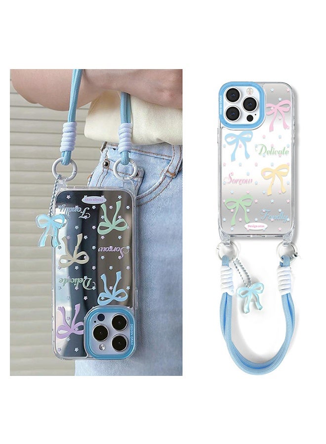 Lemon Compatible with iPhone 16 Pro Max Case, Cute Mirror & Selfie Tool with Hand Strap, Hands-Free Carrying Design, Military-Grade Airbag Shockproof Protection, Trendy Pattern, Perfect for Girls & Women - Blue - Image 1