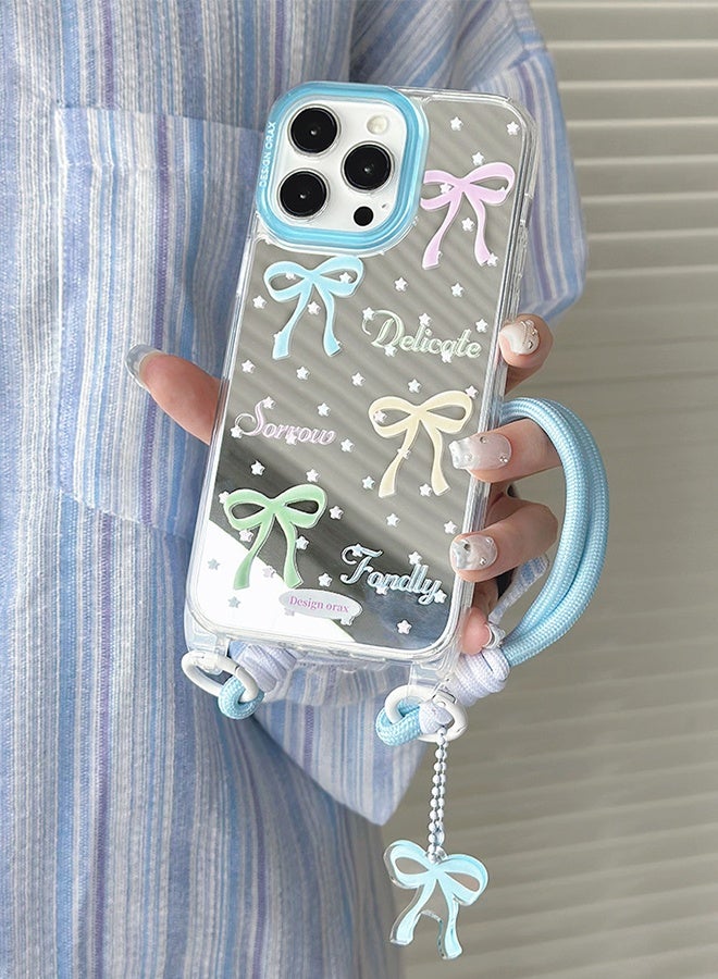 Lemon Compatible with iPhone 16 Pro Max Case, Cute Mirror & Selfie Tool with Hand Strap, Hands-Free Carrying Design, Military-Grade Airbag Shockproof Protection, Trendy Pattern, Perfect for Girls & Women - Blue - Image 2