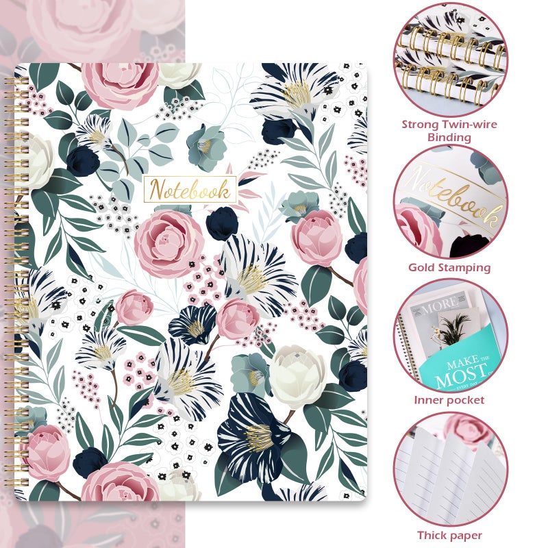 Shoparr Spiral Notebook - Notebook Journal, Notebooks with Spiral Bound, Thick Paper, Back Pocket, Notebooks for Work, 8.5 x 11, 160 Pages, College Ruled Spiral Notebook, Flowers - Image 4