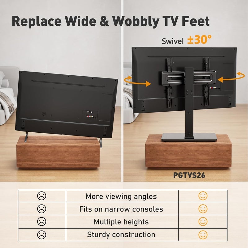 Perlegear Universal Swivel TV Stand Base for 32â€“70 inch TVs, Height Adjustable Table Top TV Stand Mount with Tilt, Tempered Glass Base, Holds up to 88 lbs - Image 3